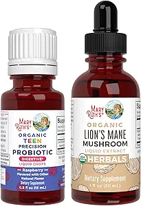 MaryRuth Organics Precision Probiotic Drops for Teens (Raspberry) & Lion's Mane Drops | USDA Organic | Vitamins for Gut Health, Cognitive Support, & Overall Wellness | Vegan, Non-GMO, Gluten Free