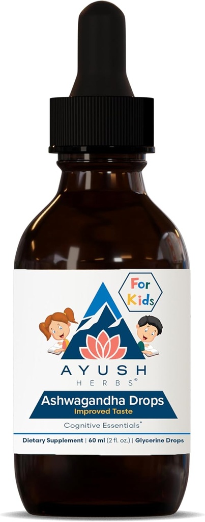Ayush Herbs Ashwagandha gotas para niños y adultos - Sin alcohol Ashwagandha gotas, Suplemento diario para calmar el enfoque con Ashwagandha orgánica, Lemon Flavor - 2 Fl Oz (80 servidumbres)