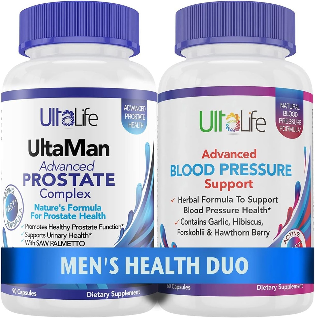 ULTALIFE Men's Health Duo - 2 Botellas - One Prostate Support Complex with Saw Palmetto " Beta Sitosterol " One HIGH Blood Pressure Supplement with Ajo " Hawthorn Berry Fast-Acting Capsules for Hombre