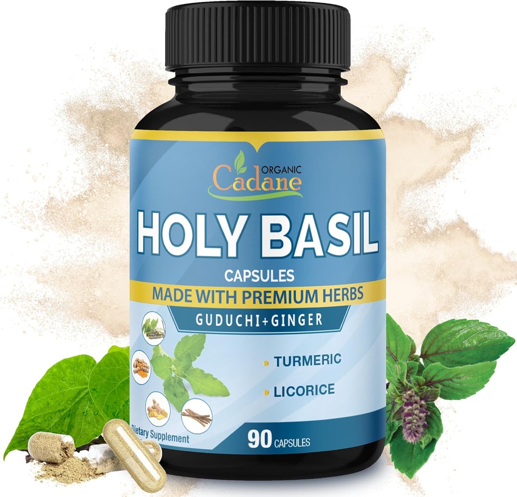 Ecológico Cadane Suplementos de la Basil, 5in1 con Guduchi, Ginger, Turmeric Curcumin, Licorice - Apoyo Immune - 90 cápsulas para 3 meses