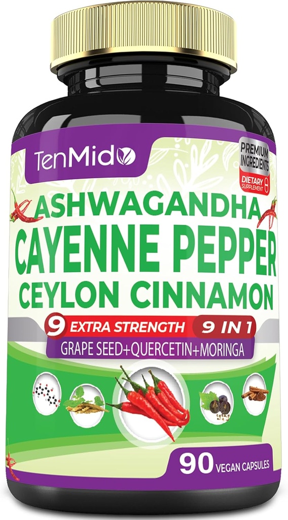Cayenne Pepper Suplementos Capsules, 3 meses de suministro " Ashwagandha, Ceylon Cinnamon, Grape Seed, Quercetin, Moringa, Ginkgo Biloba - Heart Wellness, Promotes Digestive Health -90 Caps
