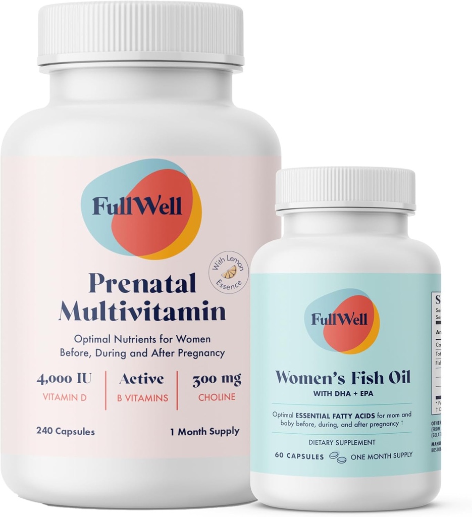 FullWell Prenatal Vitamina Lemon + DHA ← Omega 3 Fish Oil with DHA &amp; EPA for Brain Development &amp; Nervous System Support ← 26+ Nutrientes Vitales ← Dietitian-formulado, 3er Partido Tested, 30 Servings