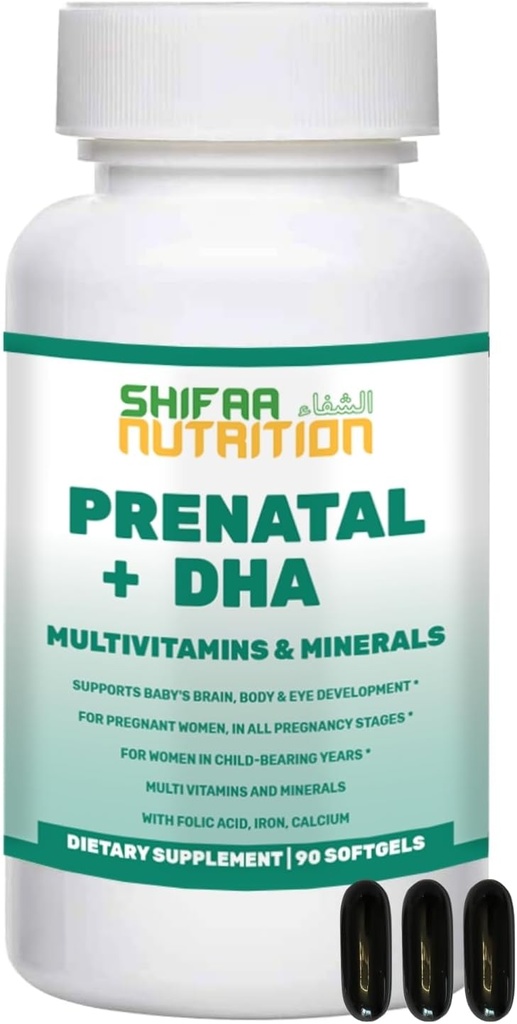 SHIFAA NUTRITION Vitaminas prenatales Halales con DHA y Ácido Fólico TENIDO Alta Potencia 90 Softgels, Keto-Friendly ANTE Vitamin C 120mg, DHA 250mg, Ácido Fólico 800mg, EPA 90mg, Biotin &amp; Iodine