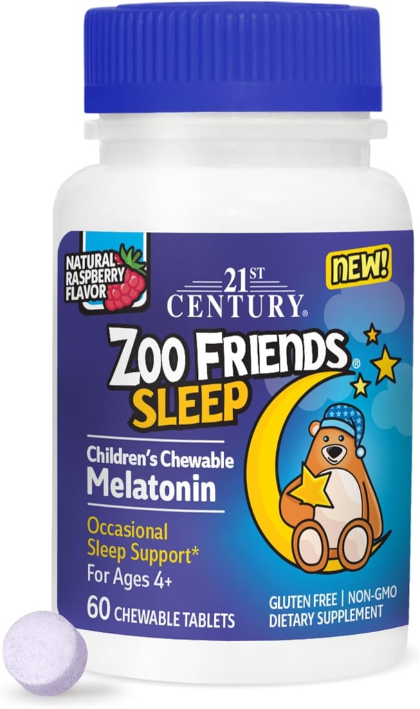 21st Century Zoo Friends Sleep Chewable Melatonin, Raspberry Flavor, 60 Cuenta