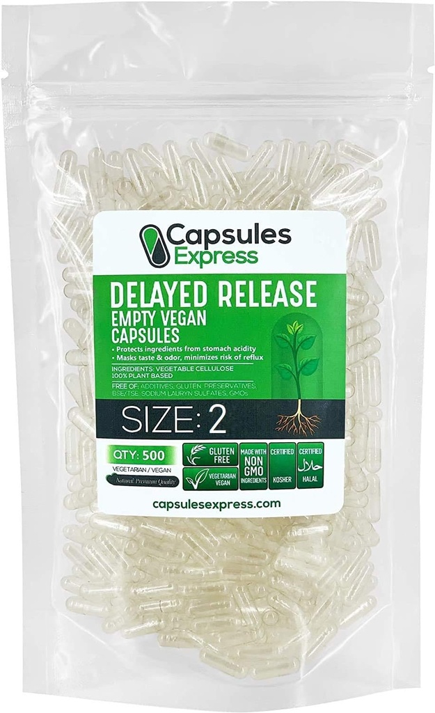 XPRS Nutra Delayed Release Size 2 Empty Capsules - 500 Count Clear Empty Vegan Capsules - Fillable Vegetarian Pills - DIY Vegetable Capsule Filling - Veggie Gel Caps for Do-It-Yourself Supplements