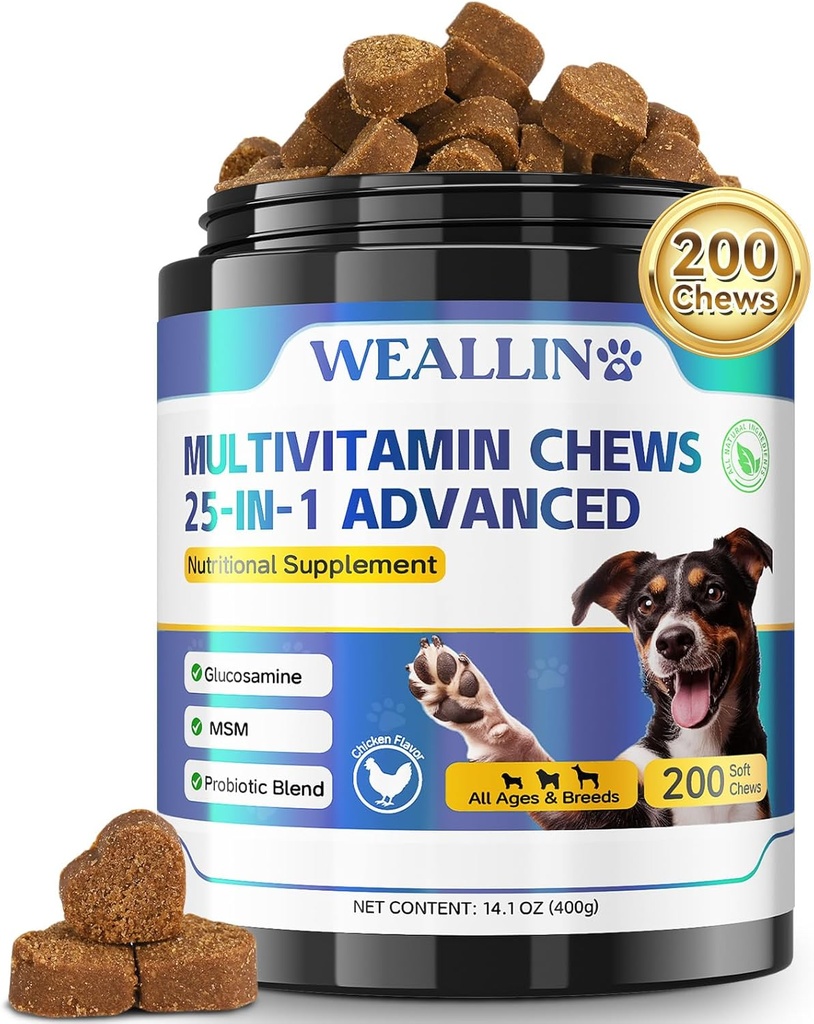 Vitaminas para perros - 25-en-1 Vitaminas y Suplementos Multivitamínicos con Glucosamina Probióticos Omega-3 Puppy Multivitamínico Chewable for Coat, Heart, HIPS &amp; Joints, Digestion & Immune System 200pcs