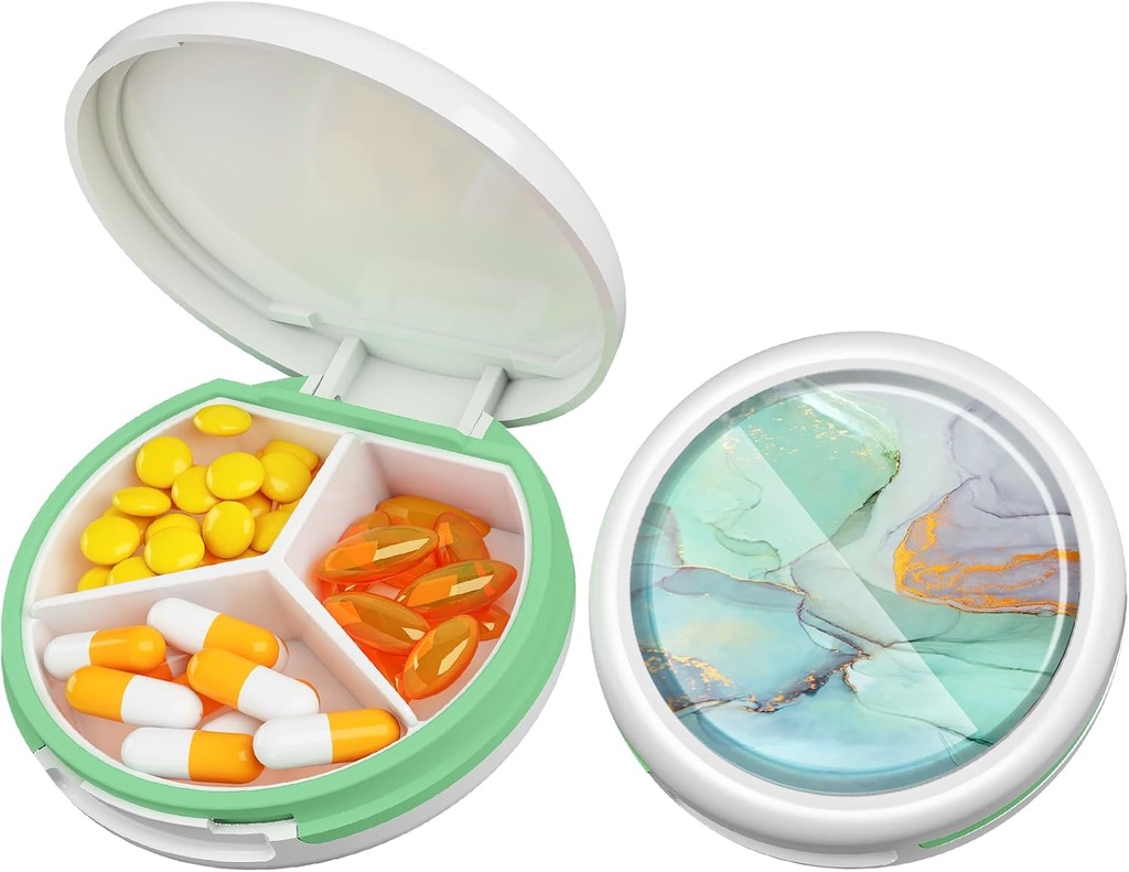 Serfeymi Small Pill Box - 3 Compartimientos Caja de Píldora Portátil, Caja de Píldora compacta Mini Travel Pill - Apto para Medicina, Vitamina, Petróleo de Pesca, Suplementos - Blanco(Marble)
