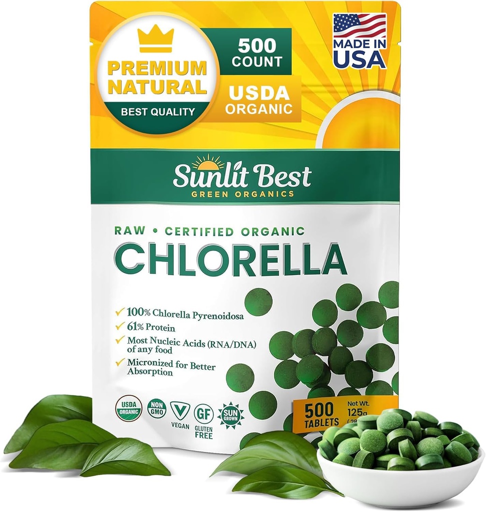 Sunlit Best USDA Premium Chlorella Tablets 500 Tabs ← 100% Pura Clorella Superfood Suplemento Alto en Proteína, Clorofila, Vitaminas, " Minerals " soporta buena salud, bienestar y recuperación