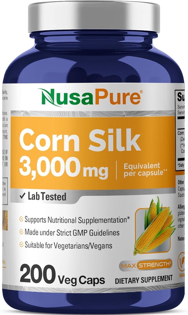 NusaPure Corn Silk Extracto 3000 mg por Caps - 200 Veggie Caps (100% Vegetariano, No GMO, Extracto 20:1, Vegan)