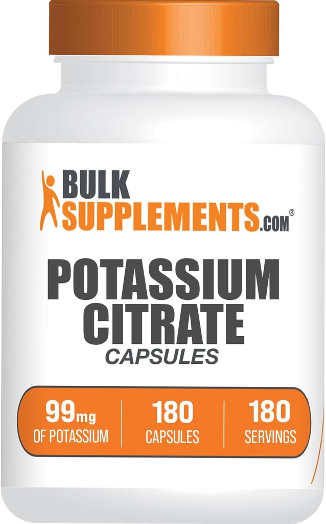 BulkSupplements.com Citratos de potasio - Suplemento de potasio, Citrato de potasio 99mg - Suplemento de citrato de potasio, píldoras de potasio - 1 cápsula por servicio, 180 cápsulas (Pack of 1)