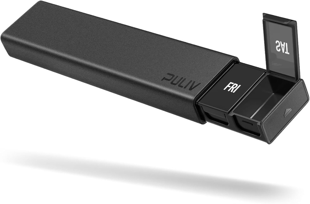 PULIV Dual Black Lightproof Organizador semanal, Extra Large Pill Box 7 Day with Privacy Protection Design, BPA-Free Daily Pill Cases for Vitamins, Fish Oils, Medications, Supplements