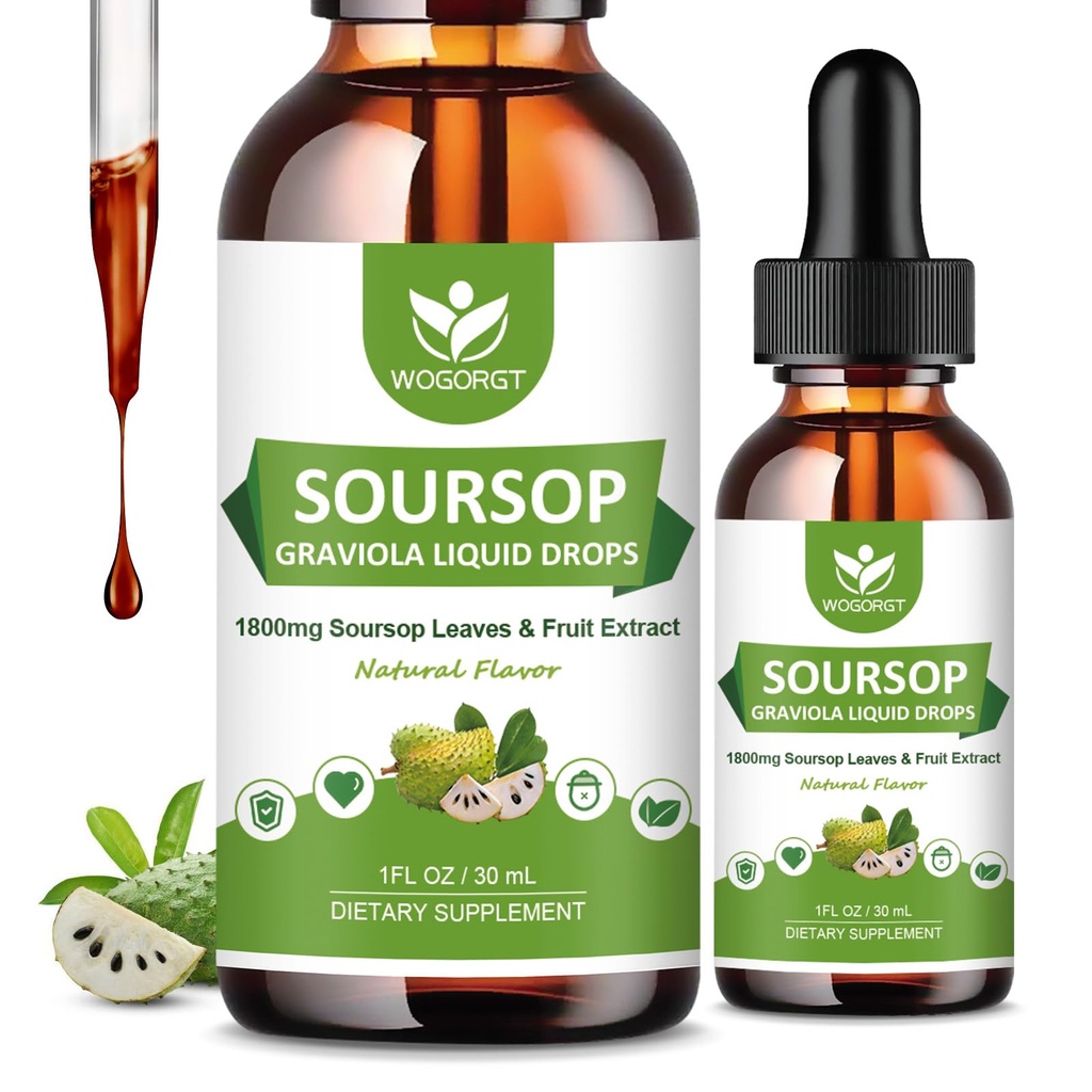 (2 Pack) Soursop Graviola Liquid Drops - 1800mg Soursop Extract - High Absorption Sour sour sop Bitters Liquid for Cell Support &amp; Regeneración, Immune Support, Antioxidant, Relax, Sugar Free - 1 Fl Oz