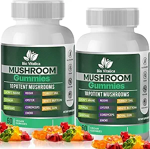 Mushroom Gummies – 10 Mushroom Complex with Lion’s Mane, Reishi, Chaga, Cordyceps & More – Fruity Vegan Gummies – Non-GMO, Gluten-Free, Plant-Based – 2 Packs