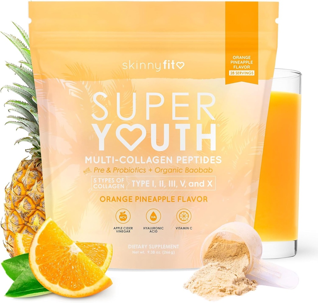 SkinnyFit - Super Youth Collagen for Women - Multi Collagen Peptides Polvo - Probióticos, Fibra, Ácido Hialurónico - No GMO, Gluten Gratis, Azúcar Libre - Belleza - Piña naranja (28 Servimientos)