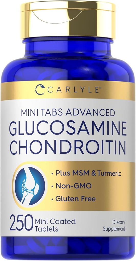Carlyle Glucosamine Chondroitin MSM TEN 250 Mini Tablets TEN Advanced Formula with Turmeric TEN Non-GMO, Gluten Free