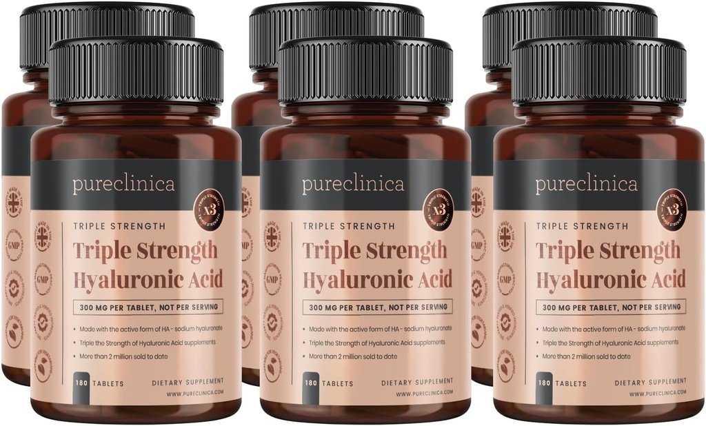 purclinica Ácido hialurónico 300mg x 1080 Tabletas (6 Botellas de 180 Tabletas - 3 Años de Suministro). Ácido Hialurónico de Fuerza Triple. 300% más fuerte que cualquier otra tabla de HLA