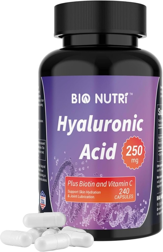 BIO NUTRI Suplementos de ácido hialurónico 250mg vidas240 cápsulas,con Biotina 5000mcg &amp; Vitamina C 25mg - Esquí, Pelo &amp; Conjunto 3 in1 Soporte