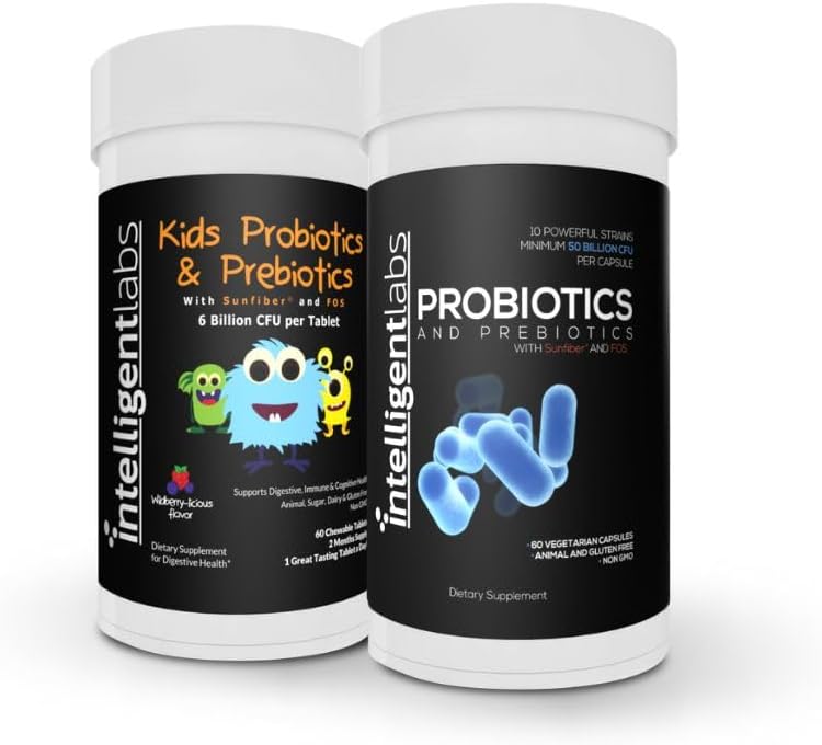 Laboratorios Inteligentes 2-en-1 Bundle of Kids Probiotics (6 Billion CFU con Sunfiber y FOS) + Probióticos Adultos (50 Billion CFU, 10 Strains), No se necesita refrigeración, 2 meses de suministro por botella