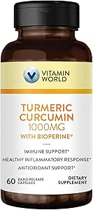 Vitamina World Turmeric Curcumin 1000mg, BioPerine Black Pepper Extract for Better Absorption, 95% Curcuminoides, Suplemento Turmérico para Antioxidante &amp; Soporte Conjunto, Sin gluten, 60 cápsulas