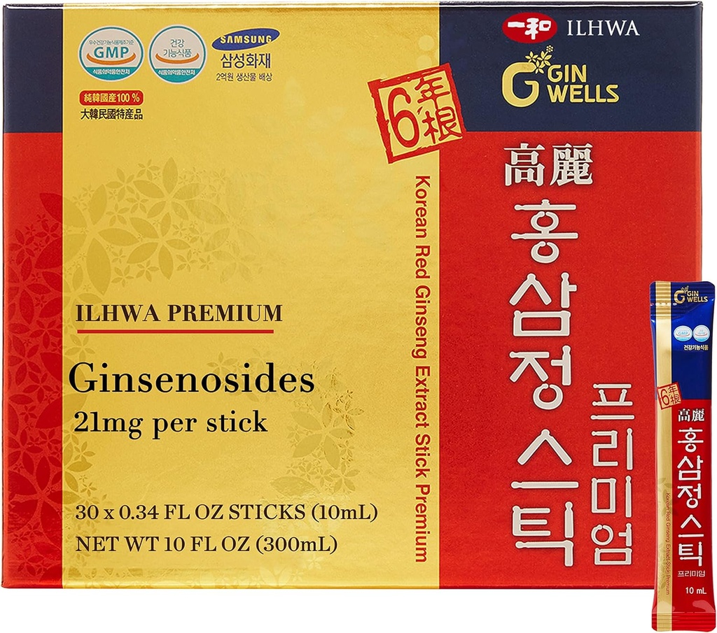ILHWA Premium Korean Red Ginseng Extract Sticks (0.34fl oz X 30 Sticks) - para la inmunidad. Ginsenoside 21 mg por servicio