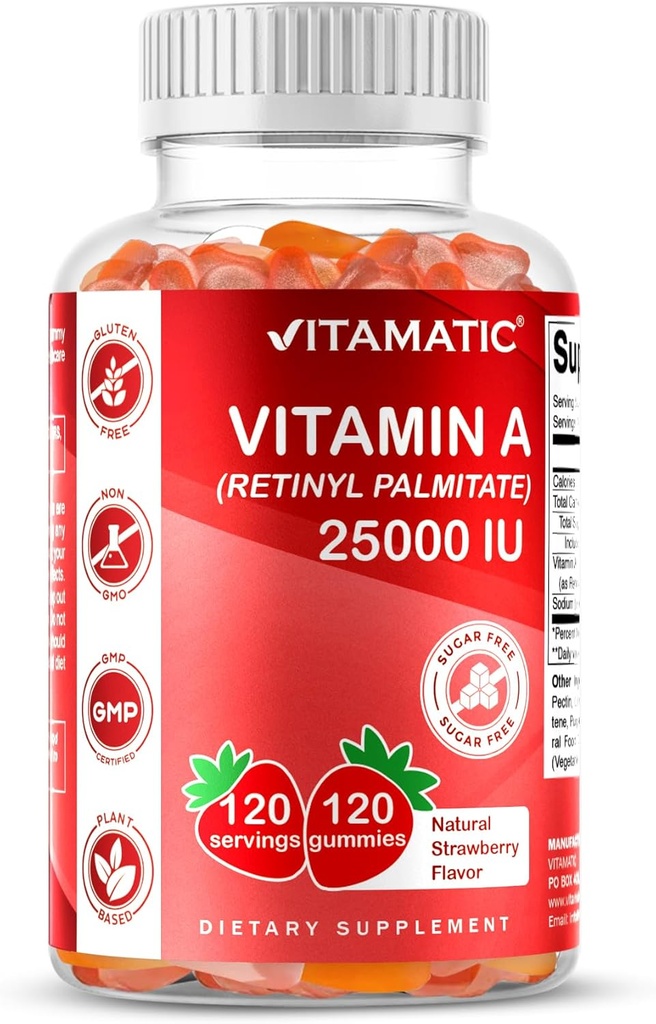 Vitamatic Sugar Free Vitamina A 25000 UI Gummies (Retinyl Palmitate) - Natural Strawberry Flavor - 120 Pectin Based Gummies (3 Bottles)