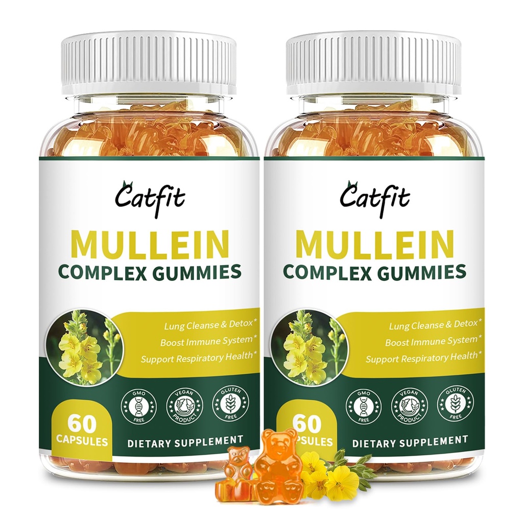 (120 pcs) Mullein Gummies for Lungs Detox- Mullein Leaf Extract with Quercetin, Elderberry for Respiratory &amp; Immune Support, Breathing &amp; Lung Cleanse for Smokers, Vegan, Pineapple Flavor, (2 Pack)