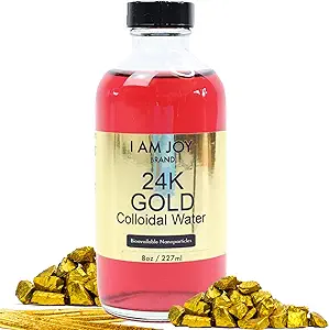 Soy Alegría: líquido frío oro 24k 99.99% puro 100ppm agua roja de goma Basado en todo electrolisis natural Gran botella de vidrio 8oz