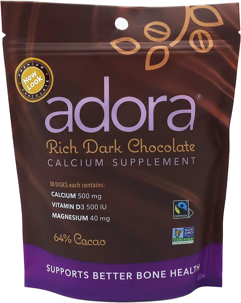 Adora Calcio Suplemento, Fairtrade Dark Chocolate, Pack de 12 - 30 ct