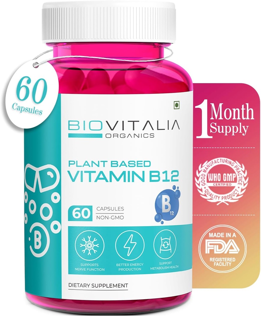 BIOVITALIA Vitamina B12 Cápsulas Metil Cobalamin Suplemento 1000mg Cápsulas de base vegetal - Soporte Nerve Función &amp; Metabolismo Enriquecido con Wheat Grass Spirulina Beetroot - 60 Cápsulas Vegan