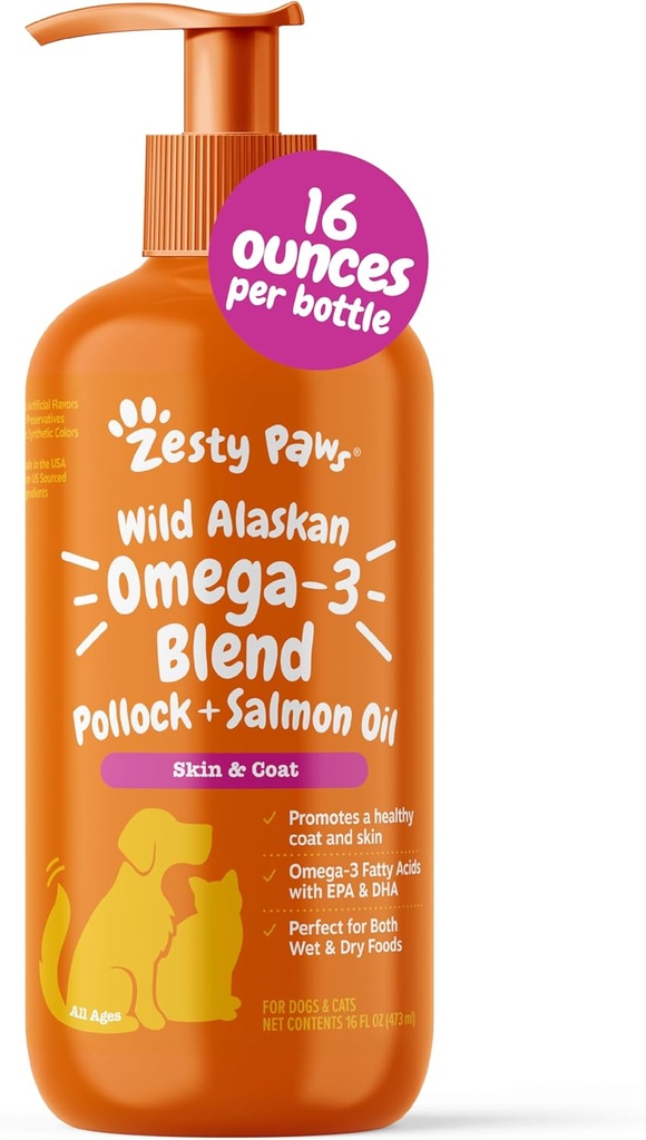 Zesty Paws Wild Alaskan Omega-3 Blend Pollock + Salmon Oil for Dogs and Cats- Skin and Coat Support, Omega 3 Suplemento para mascotas, 16oz