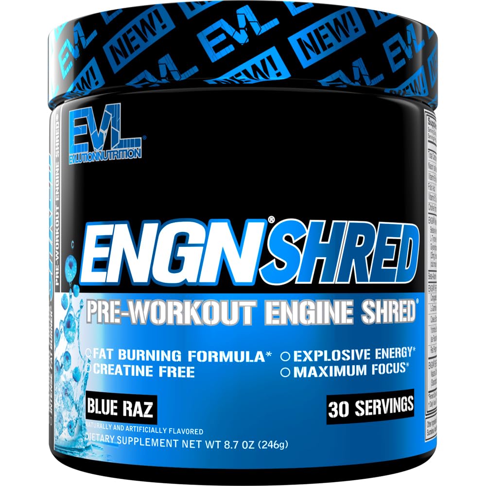 EVL Ultimate Pre Workout Powder - Thermogenic Fat Burn Support Preworkout Powder Drink for Lasting Energy Focus and Stamina - ESGN Shred Intense Creatine Free Preworkout Drink Mix - Blue Raz