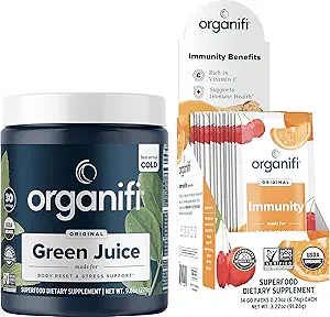 Organifi Green Juice Superfood Powder (30 Servings) and Immunity Drink Mix (14 Packets) Vitamina C, Vitamina D, Zinc, Detox Cleanse, Stress Relief and Immunity Support - Gluten Free, Vegan, Whole Food