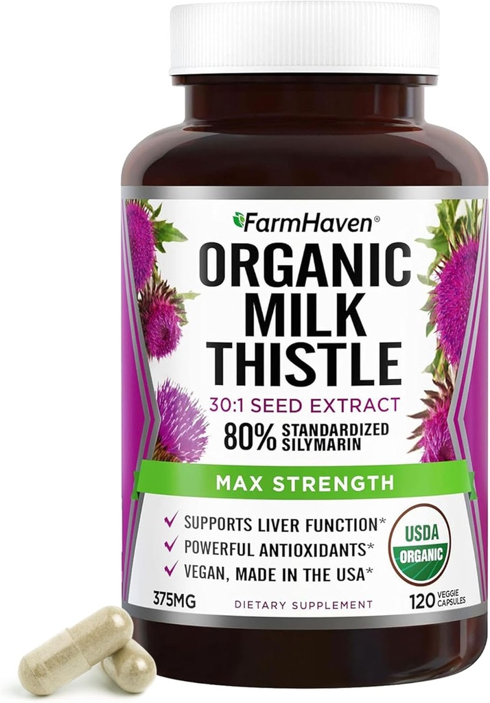 FarmHaven Silymarin Milk Thistle Capsules  375mg Strength ← 30X Concentrated Seed Extract > 80% Standardized Silymarin imper non-GMO ← 120 Veggie Capsules