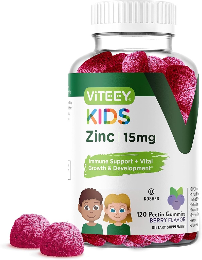 Viteey Zinc for Kids Gummies 15mg - Soporte inmunológico para niños &amp; adolescentes - potente antioxidante natural, niños Zinc vitamina Suplemento - Vegan, Gelatin Gratis, Gluten Gratis - Tasty Chewable Berry Flavor Gummy