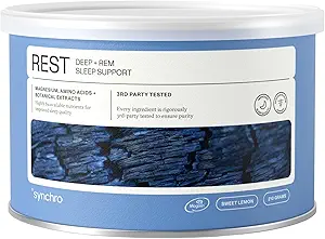 Synchro - Resto Suplementos de sueño, Ayudas relajantes para el sueño para adultos, suplemento de magnesio con polvo para el sueño profundo, Suplemento de sueño de la bebida nocturna, Sabor de limón dulce, 210 gramos