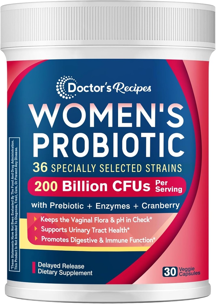 Recetas del doctor Probióticos para Mujeres, 200B CFUs 36 Strains, con Prebióticos, Enzymes & Cranberry, Vaginal Urinary Digestive & Immune, Shelf Stable, 30 Caps