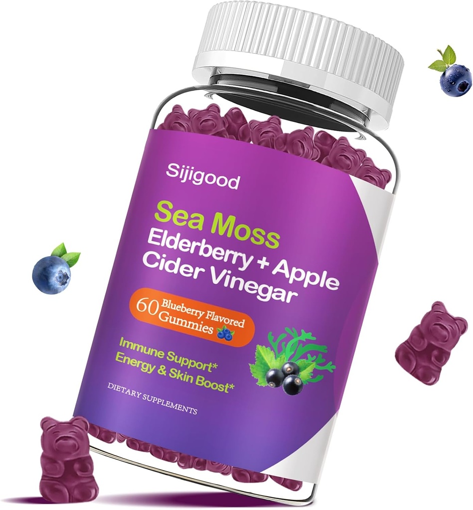 Mar irlandés Moss Gummies with Elderberry, Bladderwrack, Burdock, Chlorophyll - Digestion, Skin, Hair and Enhance Immunity - Adultos Niños Mujeres Hombres, 60 Blueberry Flavored Gummies