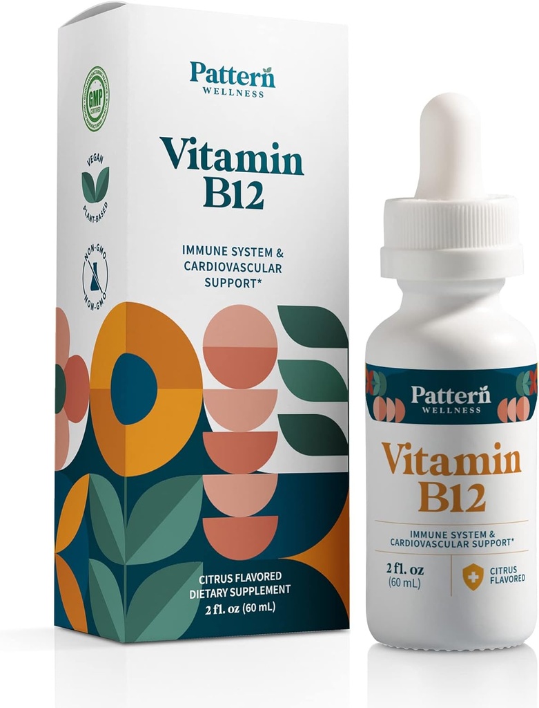 Pattern Wellness Vitamina B12 5000 mcg – Sublingual Liquid Drops – Methylcobalamin, Supports Energy & Immune Health – Vegan Citrus Flavor – 2 fl. oz (60mL), 3er Party Lab Tested
