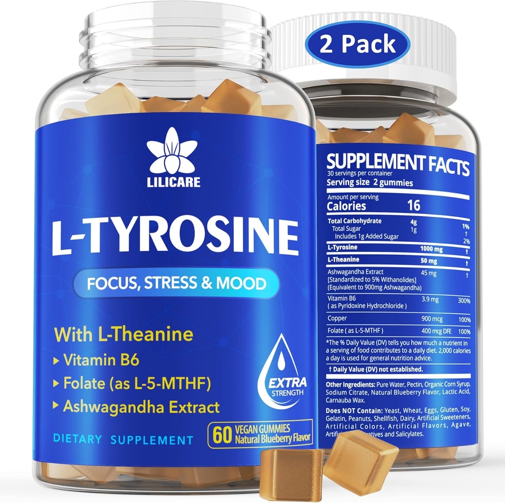 L Tyrosine Gummies 1100mg Mood Support Blend, con Ashwagandha, L-Theanine, Complejo de vitamina B6, Folate (Vitamin B9), Focus &amp; Memory, Cognition &amp; Brain Function, Energy Boost,Stress Support, 2Pc/120ct