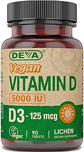 DEVA Vitamina D3 5000 UI, Suplemento Sunshine, 125 mcg de Vegan D3, Botella 90-Count