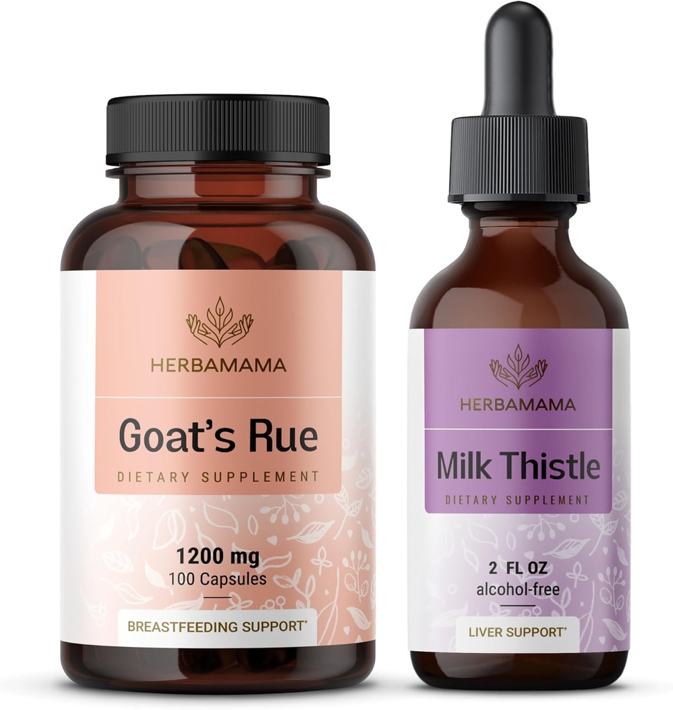 HerbAMAMA Goat's Rue and Milk Thistle Kit - Bundle of 1200 mg Goat's Rue Capsules " Milk Thistle Liver Detox Drops 2 fl oz - Vegan, Non-GMO, Sugar " Alcohol-Free - 2 Pack