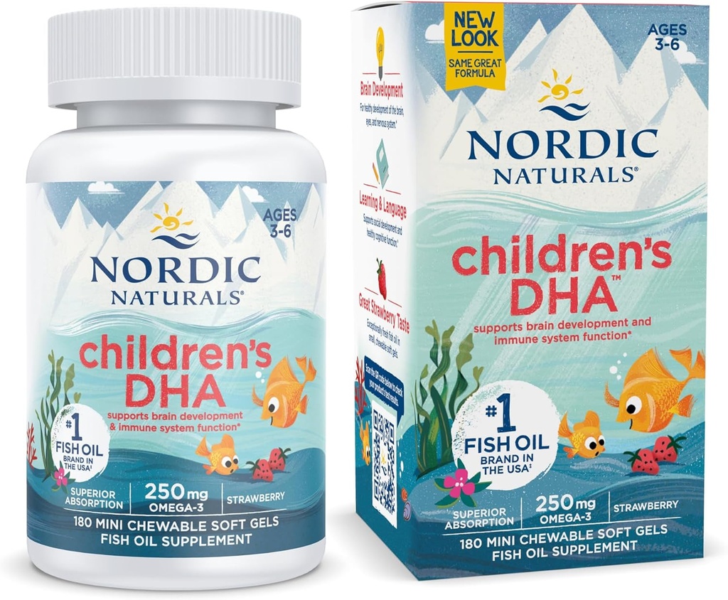 Naturales nórdicos DHA infantil, fresa - 180 Mini geles suaves para niños - 250 mg Omega-3 con EPA &amp; DHA - Función de desarrollo del cerebro - No GMO - 45 piezas