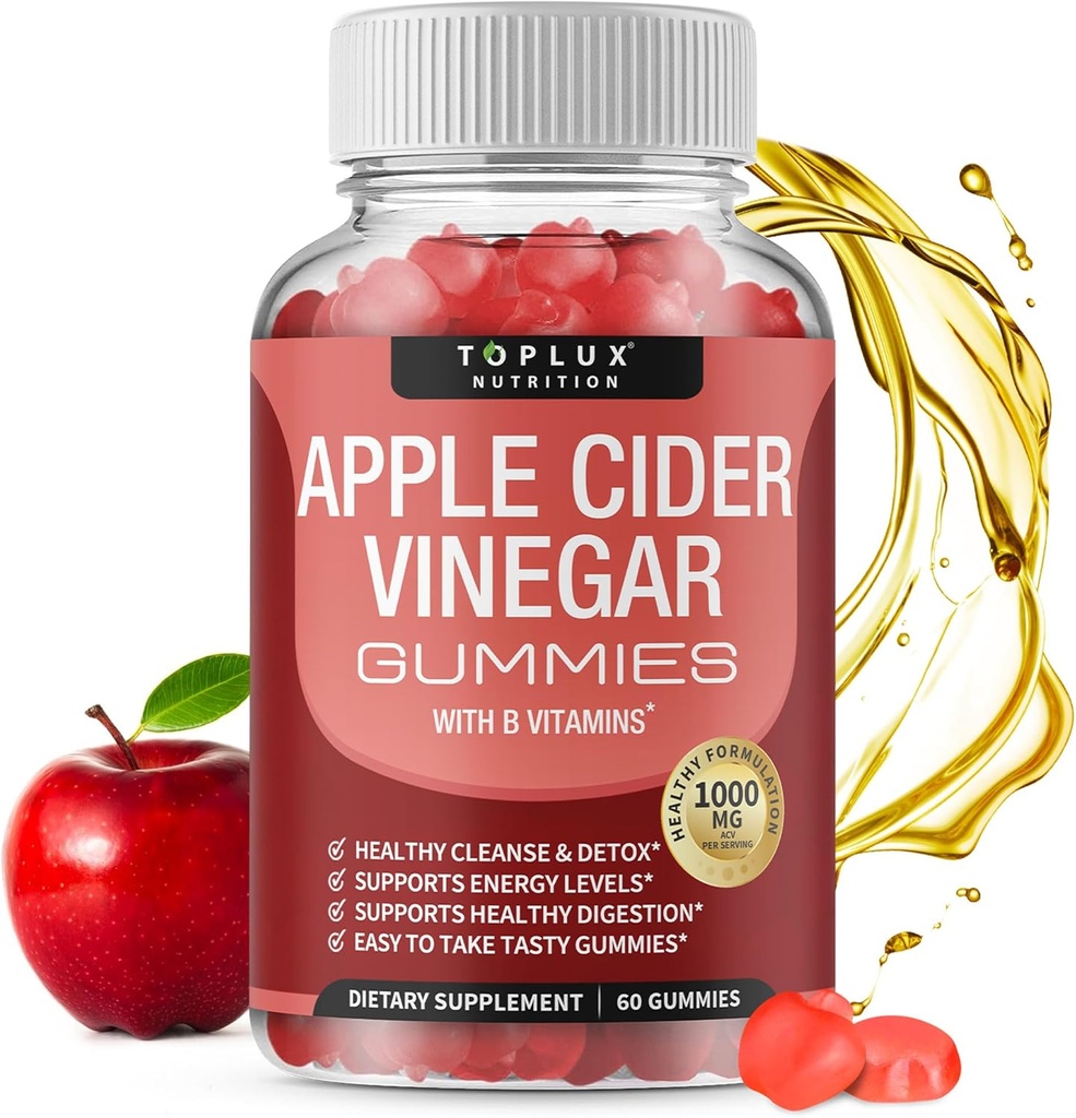 Toplux Apple Cider Vinegar Gummies - 1000mg ACV con B12, Beet Root, Pomegranate for Immune System, Detox &amp; Cleanse, Gummy Alternative to Apple Cider Vinegar Capsules, for Men Women, 60 Gummies
