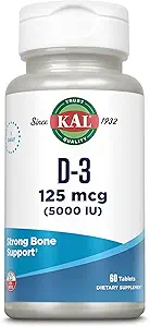 KAL Vitamina D3 5000 UI 125 mcg, Tablas de vitamina D de alta potencia, Absorción de calcio, salud ósea y apoyo inmunológico Suplemento, Desintegración rápida D-3 ActivTabs, Garantía de 60 días, 60 Serv, 60 Tabletas