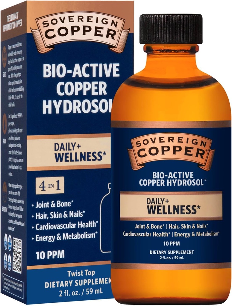 Soberano cobre profesional 4-en-1 Wellness Support, Conjunto " Bone, Hair, Skin " Nails, Cardiovascular Health " Energy, Bio-Active Copper Hydrosol, 30 ppm, Liquid Twist Top, 2 Fl Oz (59 mL)