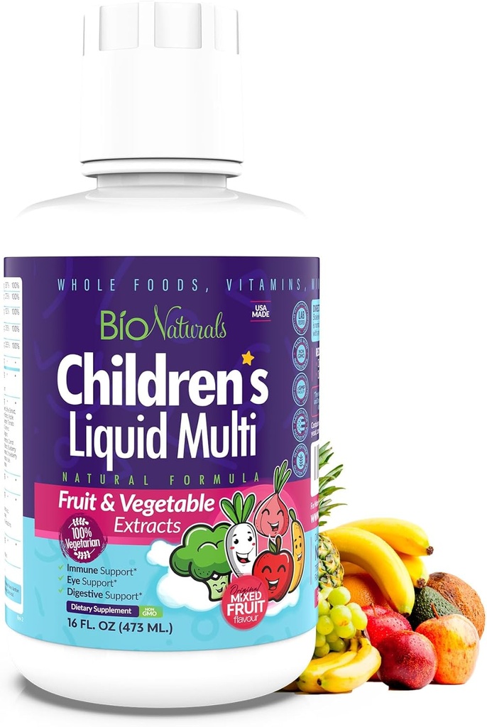 Bio Naturales Booster líquido multivitamínico para niños y niñas - Suplemento natural para niños y niños pequeños con vitaminas A B C D3 E, fibra, frutas y verduras - Sin GMO, gluten, azúcar, lácteo, soy - 16oz