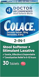 Colace 2-In-1 Stool Softener &amp; Stimulant Laxative Tablets, Gentle Constipation Relief in 6-12 Hours, 30 Count