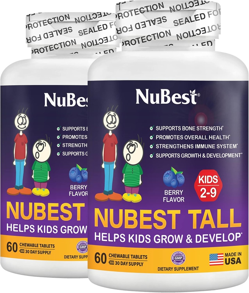 NuBest Tall Kids - Multivitamins & Minerals for Age 2 to 9 - Bone Strength &amp; Immunity Support - Helps Kids, Toddlers Healthy - Animal Shapes - 120 Chewable Berry Tablets  2 Months Supply