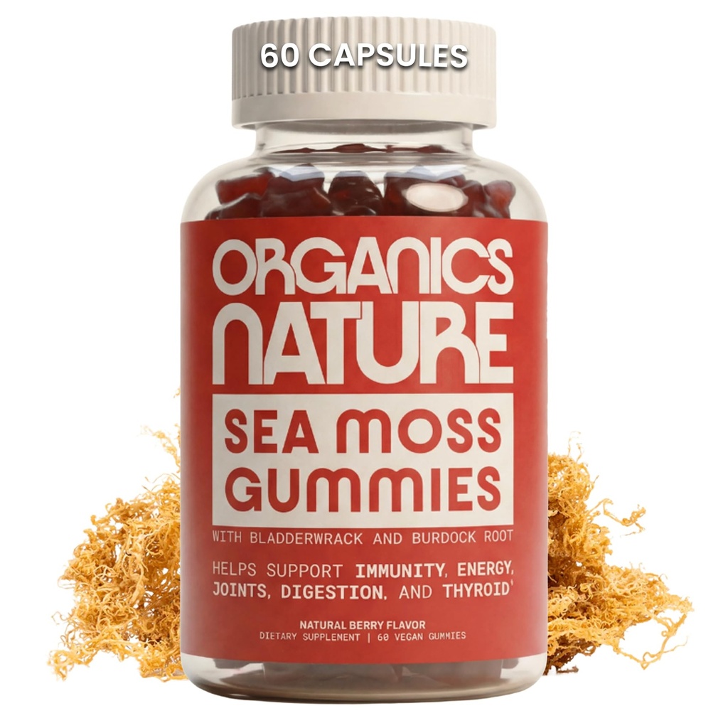 ORGANICS NATURE Irish Sea Moss Gummies for Lung Detox, Thyroid, Strength Immune & Energy Support, Vegan Seamoss Gummies for Kids &amp; Adults - 60 Vegan Gummy Bears Berry Flavored