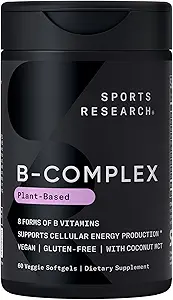 Sports Research® Vitamina B-Complex - Espectrum completo de vitaminas B con ácido B12 &amp; Folate - Gluten Free · Bases vegetales · Fórmula Vegan-Friendly - 60 Veggie Softgels